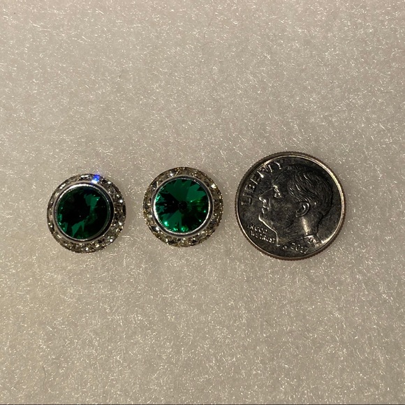 Emerald and Crystal Round Button Pierced Earrings - Picture 4 of 8